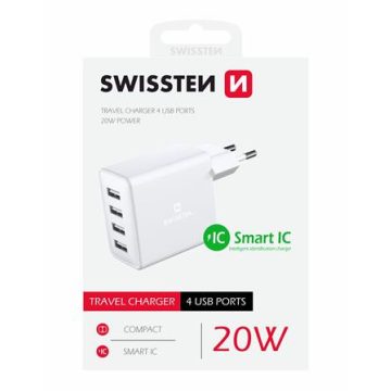   Swissten hálózati töltőadapter, 4XUSB, 20W, Smart IC, fehér