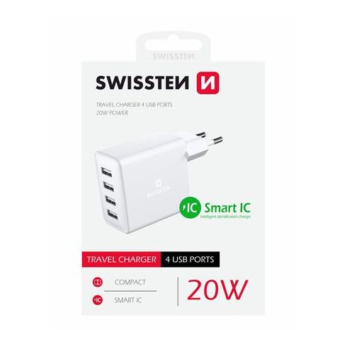 Swissten hálózati töltőadapter, 4XUSB, 20W, Smart IC, fehér