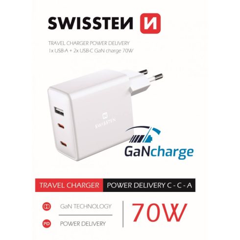 Swissten GaN mini hálózati töltőadapter, 2XUSB-C + 1XUSB, 70W, PowerDelivery