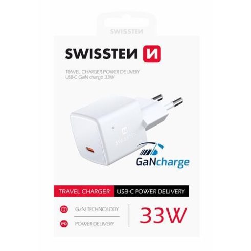 Swissten GaN mini hálózati töltőadapter, USB-C, Power Delivery, 33W