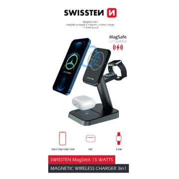   Swissten MagStick vezeték nélküli 3in1 töltőállomás, 22,5W, fekete (MagSafe kompatibilis)