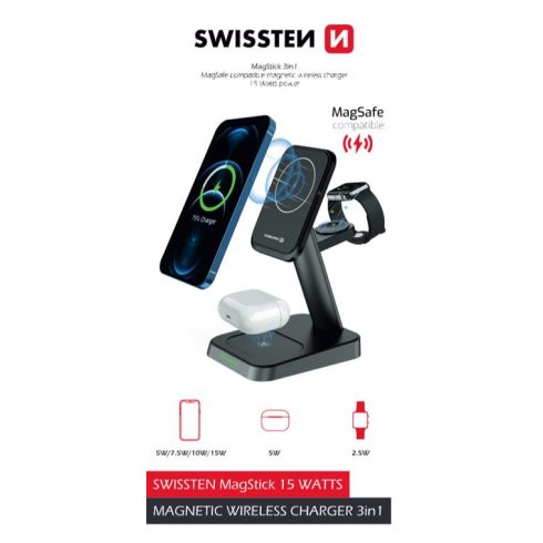 Swissten MagStick vezeték nélküli 3in1 töltőállomás, 22,5W, fekete (MagSafe kompatibilis)