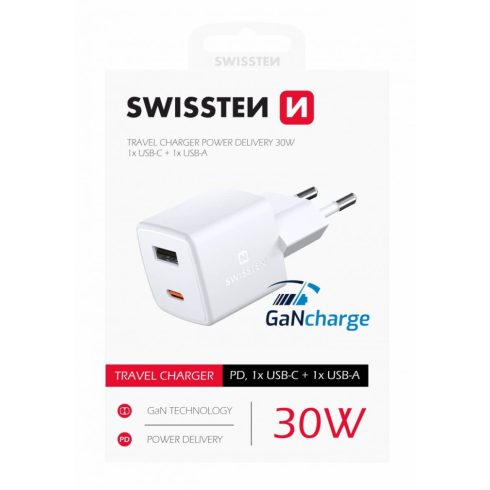 Swissten GaN mini hálózati töltőadapter, 1XUSB-C, 1XUSB, Power Delivery, 30W