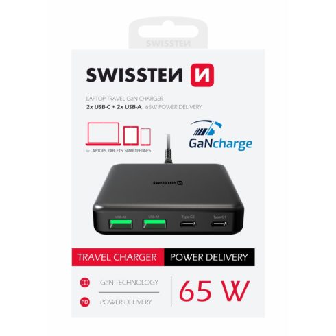 Swissten laptop GaN töltő 2XUSB-C, 2XUSB-A, 65W PD, laptop, tablet, telefon