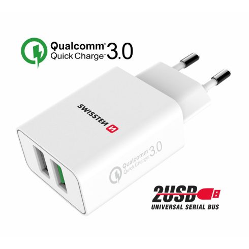 Swissten hálózati töltő adapter, 2XUSB, QC 3.0 + USB, 23W, fehér