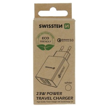   Swissten hálózati töltő adapter, 2XUSB QC 3.0 + USB, 23W, fehér