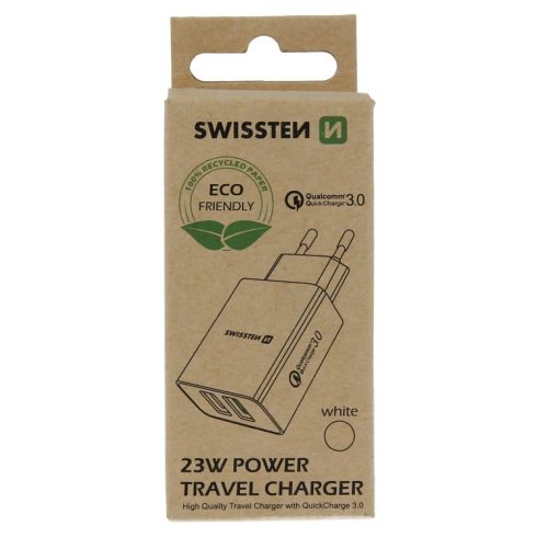 Swissten hálózati töltő adapter, 2XUSB QC 3.0 + USB, 23W, fehér