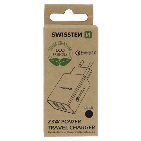 Swissten hálózati töltő adapter, 2XUSB QC 3.0 + USB, 23W, fekete