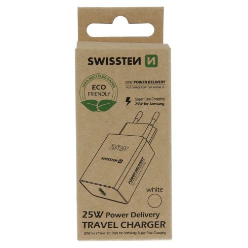 Swissten hálózati töltőadapter PowerDelivery 25W, iPhone + Samsung, fehér