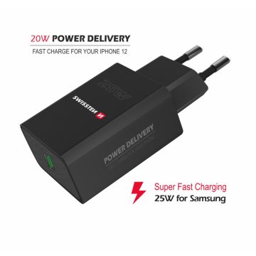   Swissten hálózati töltő adapter PowerDelivery 25W, iPhone + Samsung, fekete