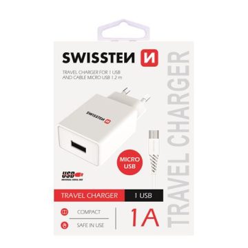   Swissten hálózati töltő adapter + mikro USB kábel, 1 USB port, 1 A, fehér