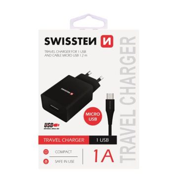   Swissten hálózati töltő adapter + mikro USB kábel, 1 USB port, 1 A, fekete