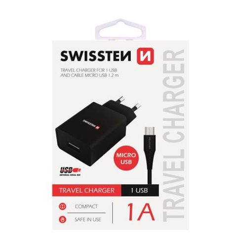 Swissten hálózati töltő adapter + mikro USB kábel, 1 USB port, 1 A, fekete