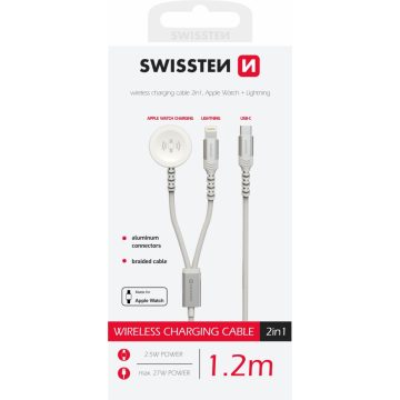   Swissten 2in1 vezeték nélküli töltő, Apple Watch & lightning kábel, USB-C, 1,2m, fehér