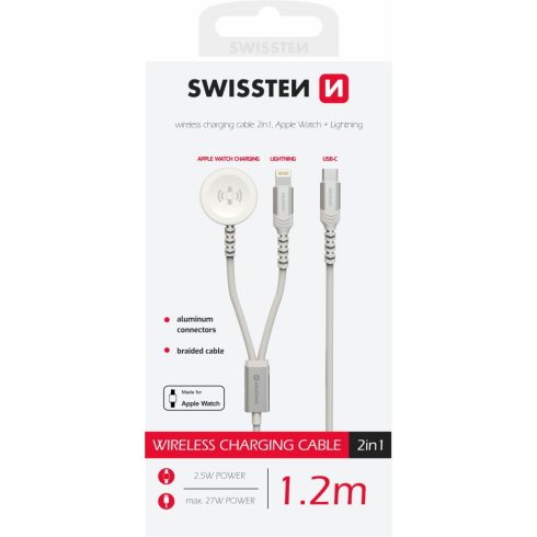 Swissten 2in1 vezeték nélküli töltő, Apple Watch & lightning kábel, USB-C, 1,2m, fehér