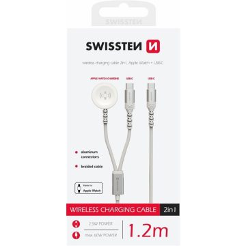   Swissten 2in1 vezeték nélküli töltő, Apple Watch & USB-C kábel, USB-C, 1,2m, fehér