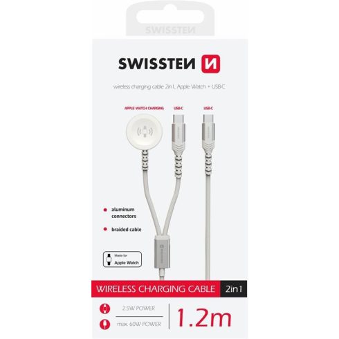 Swissten 2in1 vezeték nélküli töltő, Apple Watch & USB-C kábel, USB-C, 1,2m, fehér