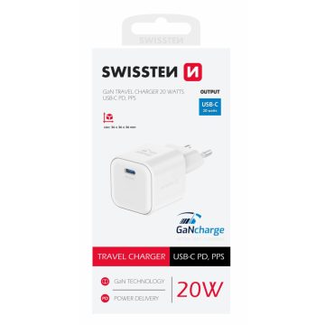   Swissten GaN hálózati töltőadapter 1xUSB-C PD, 20W, fehér