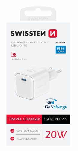 Swissten GaN hálózati töltőadapter 1xUSB-C PD, 20W, fehér