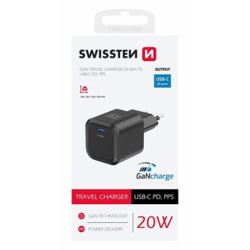   Swissten GaN hálózati töltőadapter 1xUSB-C PD, 20W, fekete