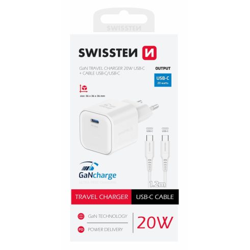 Swissten GaN hálózati töltőadapter 1xUSB-C PD, 20W, 1xUSB-C/USB-C 1,2m kábel, fehér