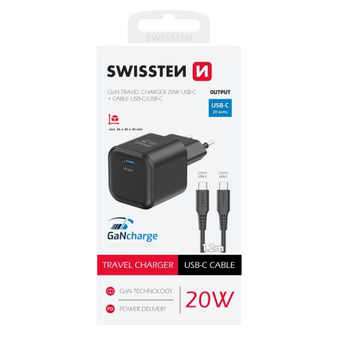 Swissten GaN hálózati töltőadapter 1xUSB-C PD, 20W, 1xUSB-C/USB-C 1,2m kábel, fekete