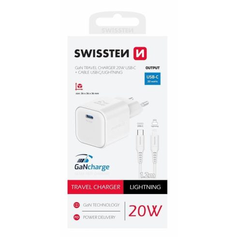 Swissten GaN hálózati töltőadapter 1xUSB-C PD, 20W, 1xUSB-C/lightning 1,2m kábel, fehér