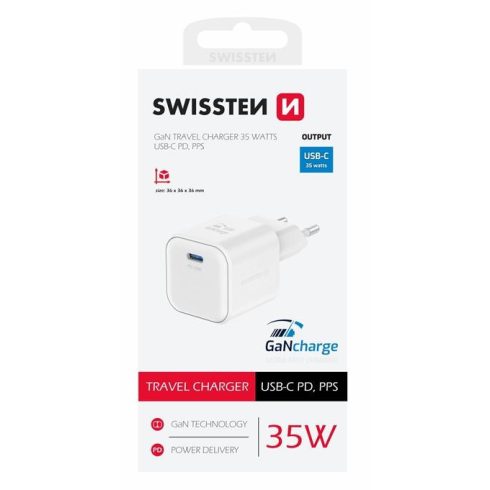 Swissten GaN hálózati töltőadapter 1xUSB-C PD 35W, fehér