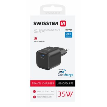   Swissten GaN hálózati töltőadapter 1xUSB-C PD 35W, fekete