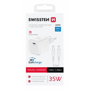   Swissten GaN hálózati töltőadapter 1xUSB-C PD 35W, 1,2m USB-C/USB-C kábel, fehér