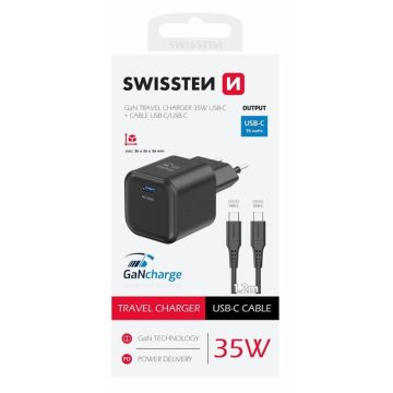   Swissten GaN hálózati töltőadapter 1xUSB-C PD 35W, 1,2m USB-C/USB-C kábel, fekete