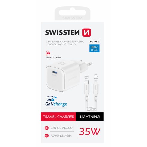 Swissten GaN hálózati töltőadapter 1xUSB-C PD 35W, 1,2m USB-C/lightning kábel, fehér