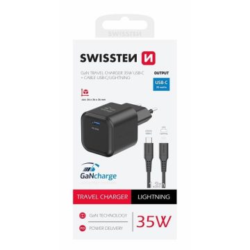   Swissten GaN hálózati töltőadapter 1xUSB-C PD 35W, 1,2m USB-C/lightning kábel, fekete