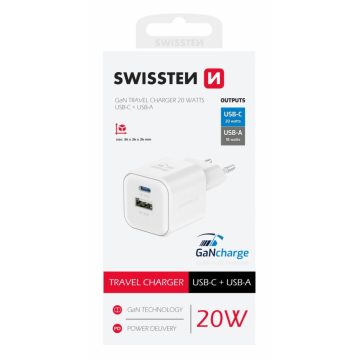   Swissten GaN hálózati töltőadapter 1xUSB-C PD 20W, 1xUSB-A QC 18W, fehér