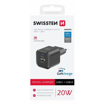   Swissten GaN hálózati töltőadapter 1xUSB-C PD 20W, 1xUSB-A QC 18W, fekete