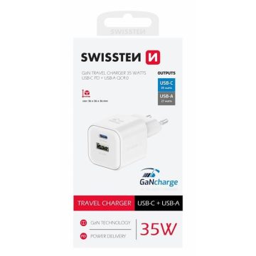   Swissten GaN hálózati töltőadapter 1xUSB-C PD 35W, 1xUSB-A QC 27W, fehér