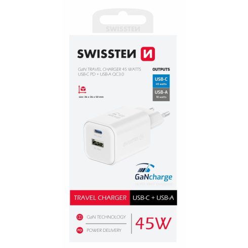 Swissten GaN hálózati töltőadapter 1xUSB-C PD 45W, 1xUSB-A QC 18W, fehér