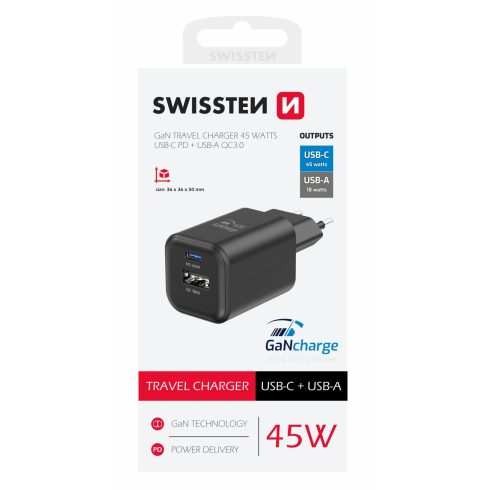 Swissten GaN hálózati töltőadapter 1xUSB-C PD 45W, 1xUSB-A QC 18W, fekete