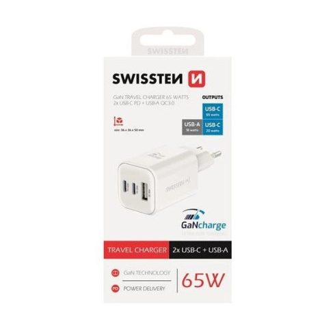 Swissten GaN hálózati töltőadapter 2xUSB-C PD 65W, 1xUSB-A QC 18W, fehér