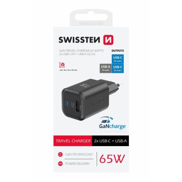   Swissten GaN hálózati töltőadapter 2xUSB-C PD 65W, 1xUSB-A QC 18W, fekete