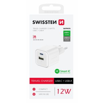   Swissten hálózati töltőadapter 1xUSB-C, 1xUSB-A, 12W, fehér