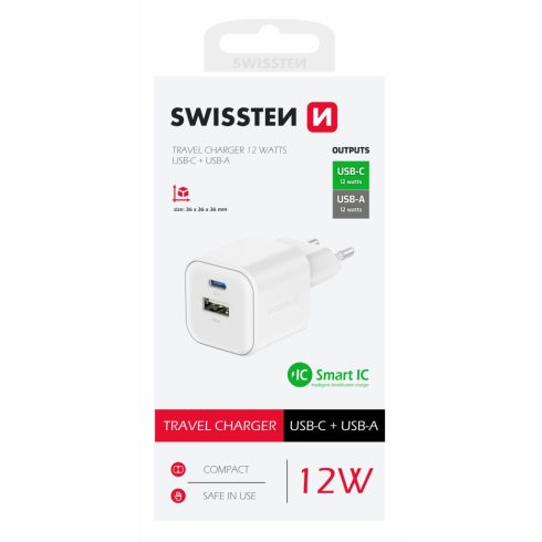 Swissten hálózati töltőadapter 1xUSB-C, 1xUSB-A, 12W, fehér