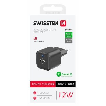   Swissten hálózati töltőadapter 1xUSB-C, 1xUSB-A, 12W, fekete