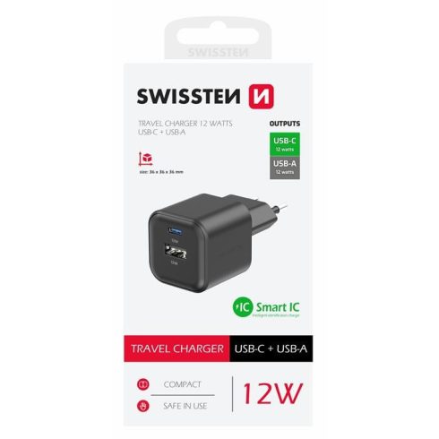 Swissten hálózati töltőadapter 1xUSB-C, 1xUSB-A, 12W, fekete