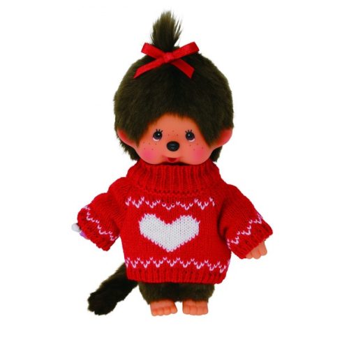 Monchhichi-Lány baba piros pulóverben