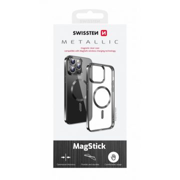   Swissten Clear Jelly MagStick Metallic tok iPhone 16, átlátszó - metálfekete kerettel