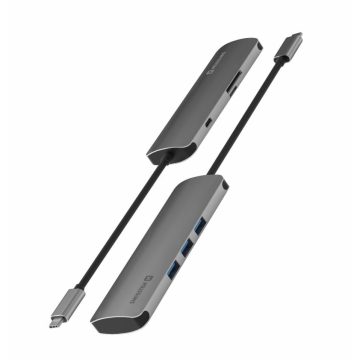   Swissten USB-C hub 6 az 1-ben, 1X USB-C port PowerDelivery 100W, 1X SD kártyolvasó, 1X mikro SD kártyaolvasó, 3X USB 3.0 port 5Gb/s, passzív, alumínium