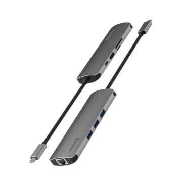   Swissten USB-C hub 8 az 1-ben, 1X HDMI 4K UHD 3840x2160 @30 Hz, 1X USB-C port PowerDelivery 100W, 1X Gigabit Ethernet LAN RJ45, 1X SD kártyaolvasó, 1X mikro SD kártyaolvasó, 3X USB 3.0 5Gb/s port, passzív, alumínium