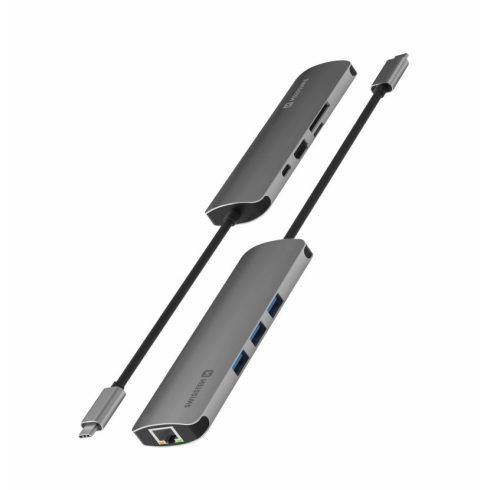 Swissten USB-C hub 8 az 1-ben, 1X HDMI 4K UHD 3840x2160 @30 Hz, 1X USB-C port PowerDelivery 100W, 1X Gigabit Ethernet LAN RJ45, 1X SD kártyaolvasó, 1X mikro SD kártyaolvasó, 3X USB 3.0 5Gb/s port, passzív, alumínium