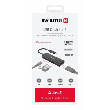   Swissten USB-C hub 4-in-1 (USB-C 100W, HDMI 4K, 2XUSB-A) alumínium